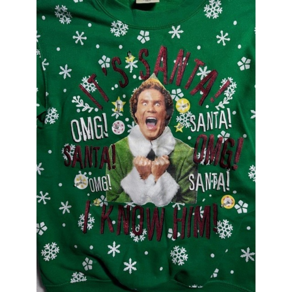 Buddy Elf Juniors XS‎ (1) Christmas Sweatshirt SANTA I KNOW HIM Lights NO Work - Picture 2 of 11